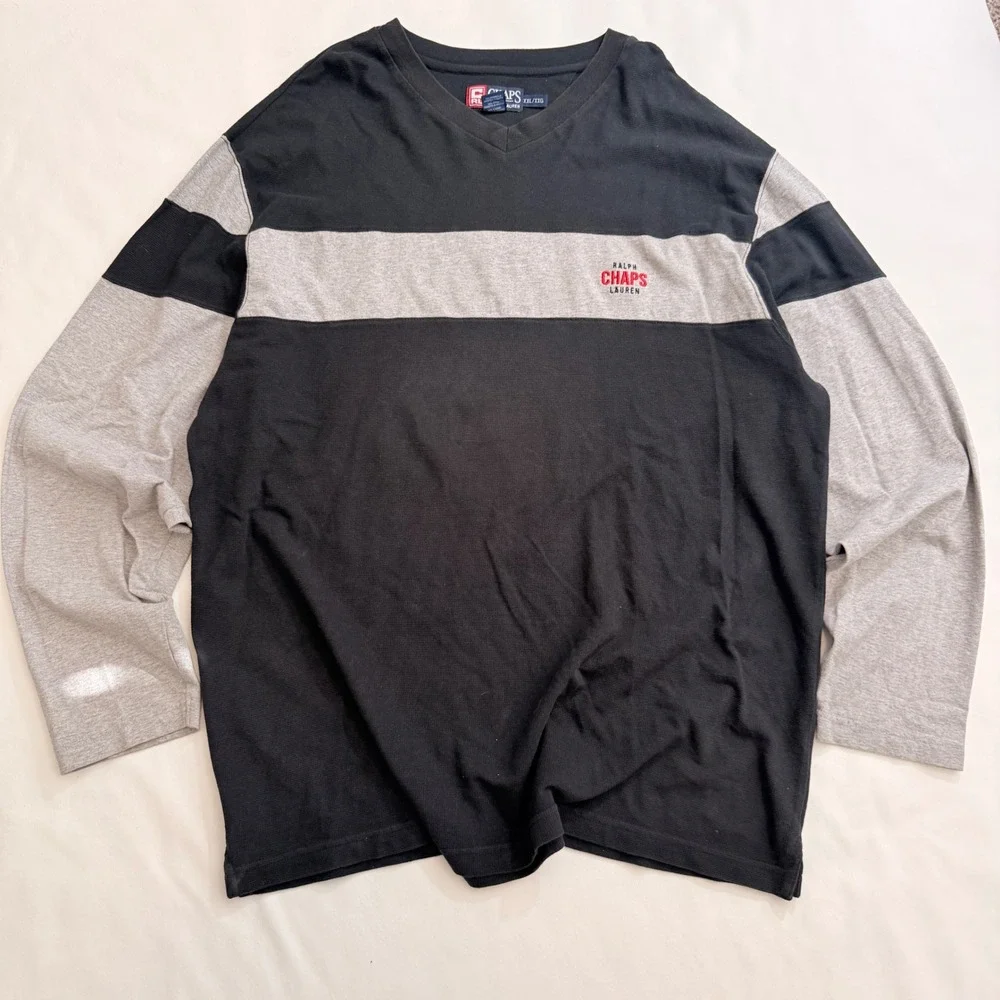 Chaps Ralph Lauren Shirt Men XXL Black Grey Colorblock V-Neck Long Sleeve 90s
